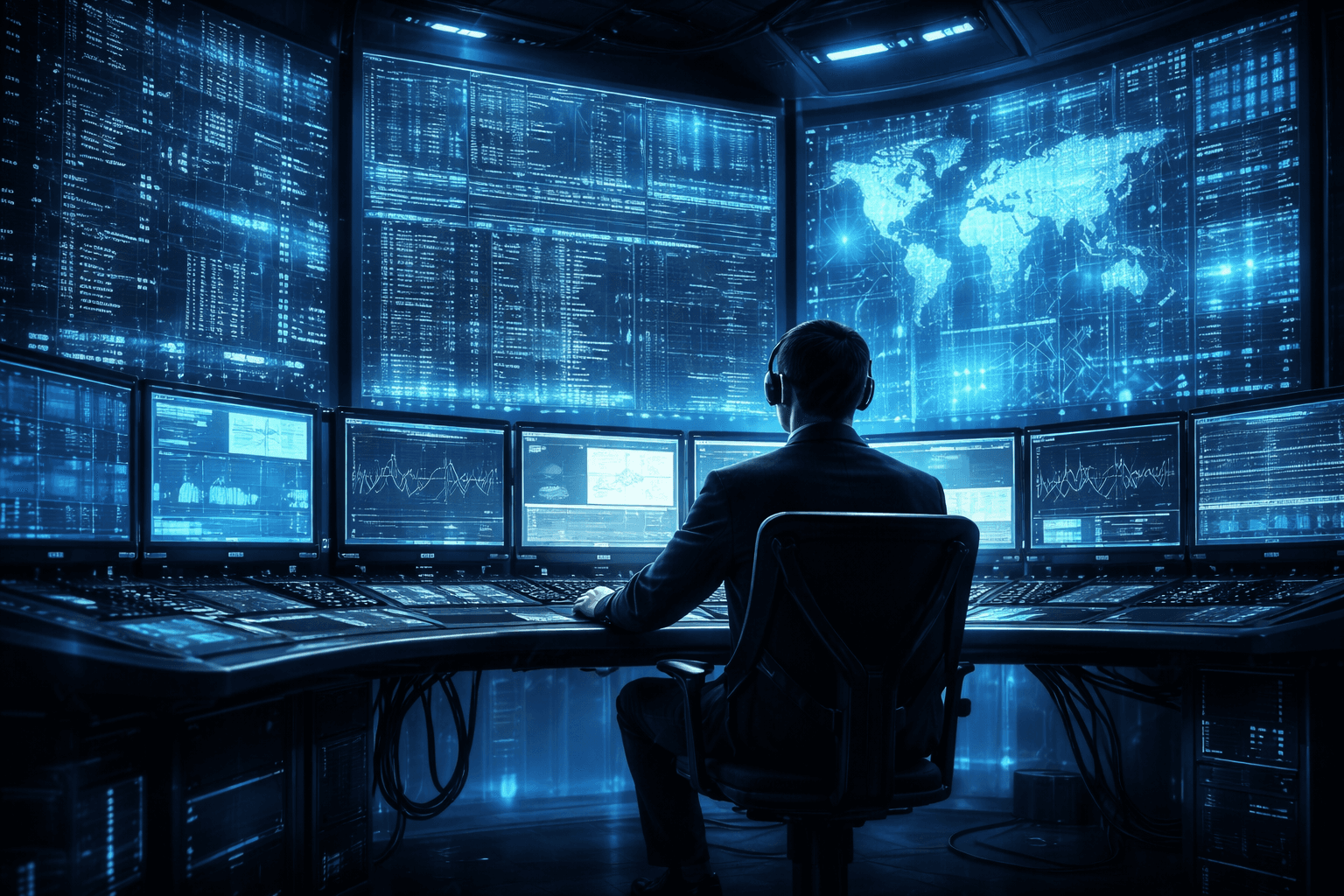 Analyst seated before a wall of monitors in a darkened operations centre