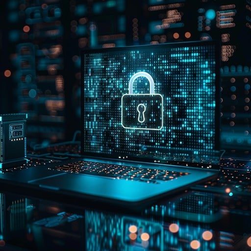 Laptop displaying a padlock over streams of encrypted code