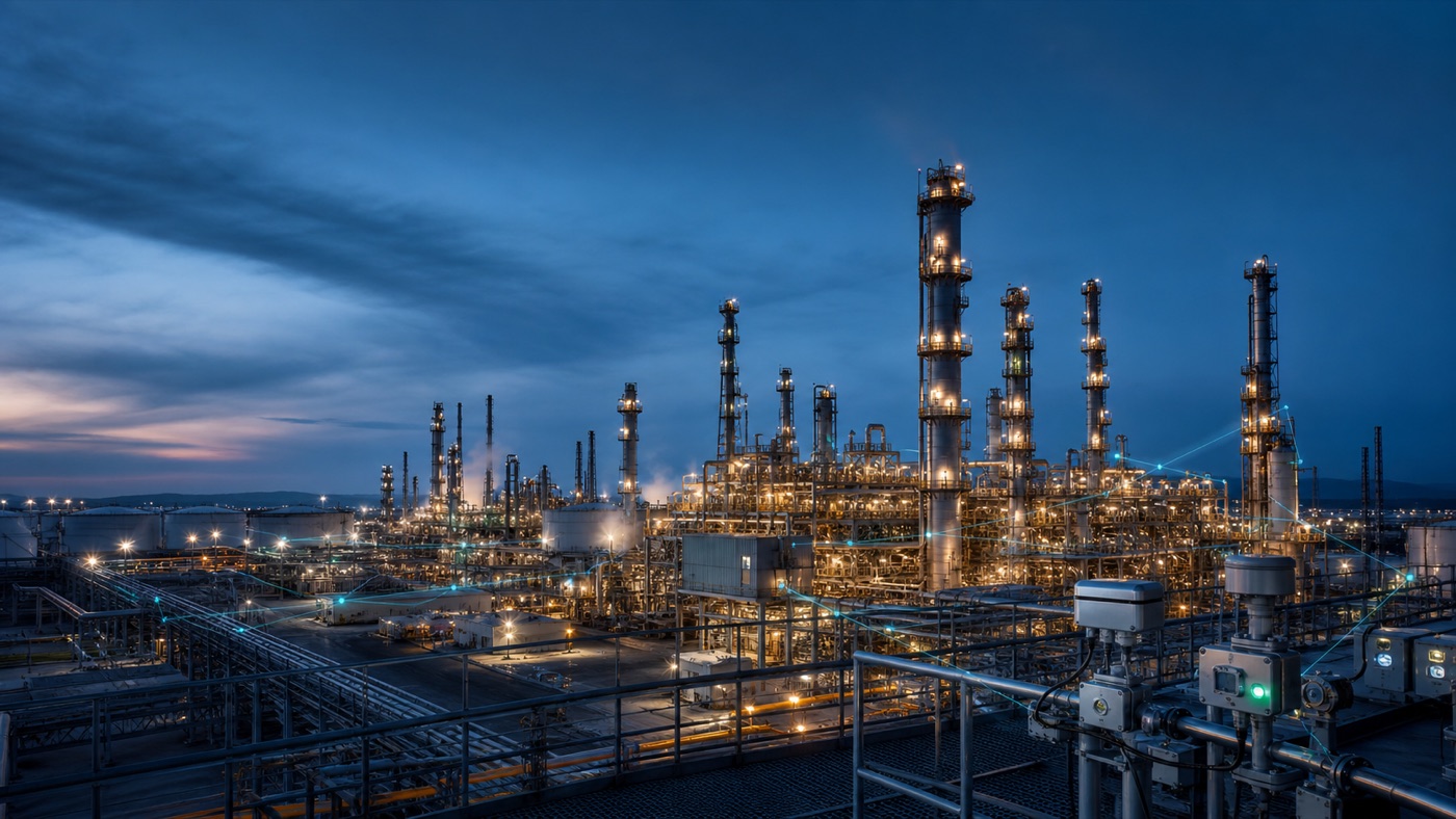 Refinery at dusk, its towers and pipework lit against a deep blue sky