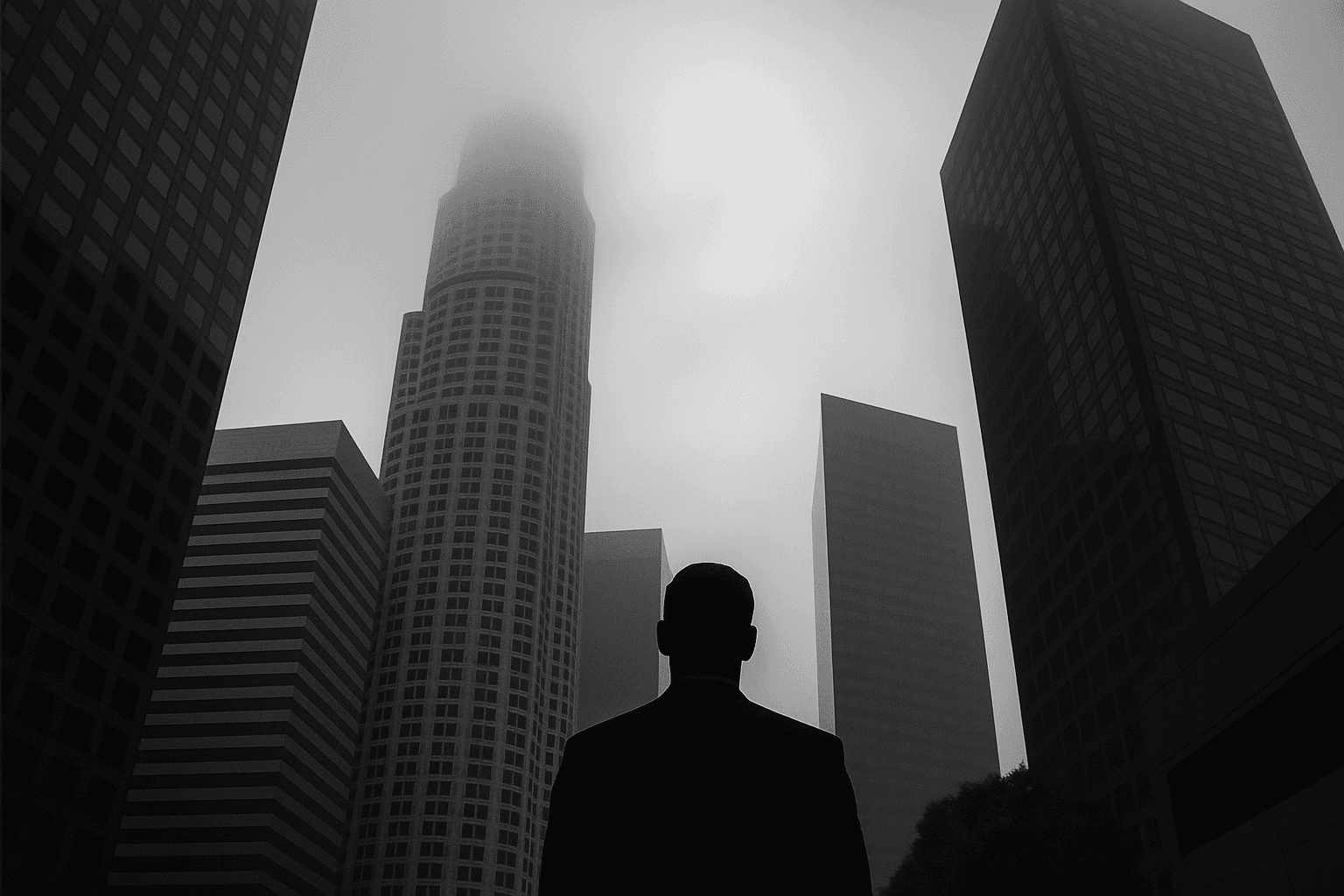 Silhouetted figure looking up at downtown Los Angeles high-rise towers