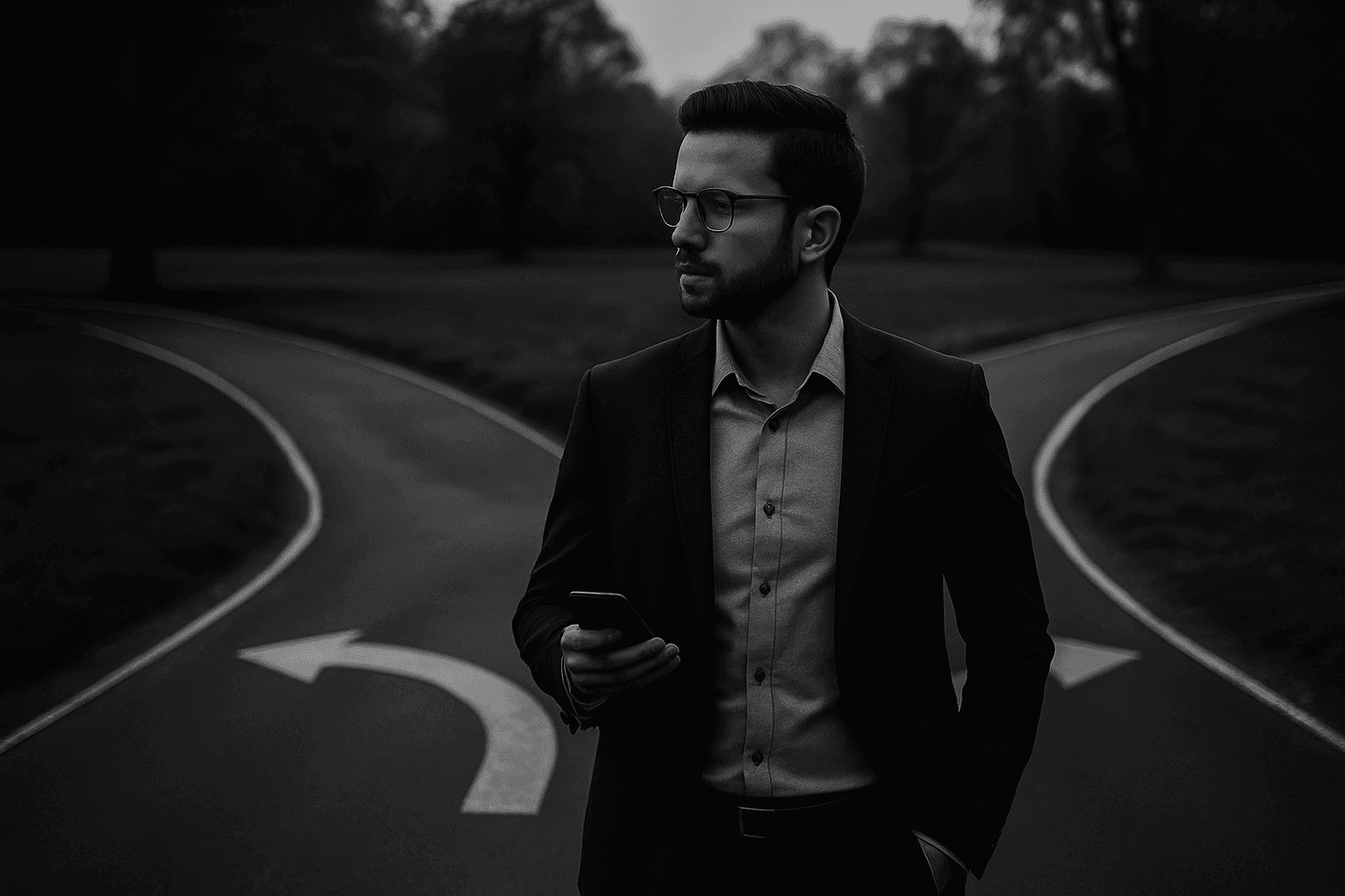 Person standing at a fork in a road, deciding which way to go